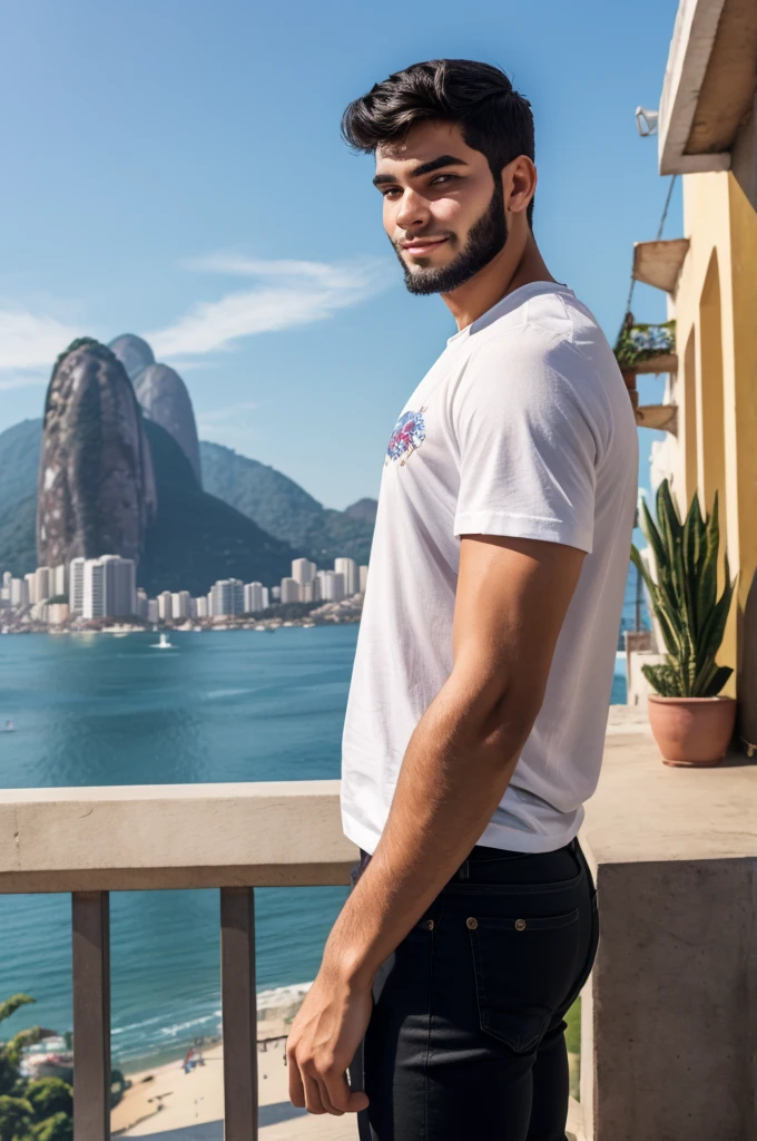 A handsome 20 year old boy, with a full black beard, medium hair, stylish straight hair, hair combed to the side, white t-shirt, black jeans, standing, in the background the city of Rio de Janeiro, blue sky during the day