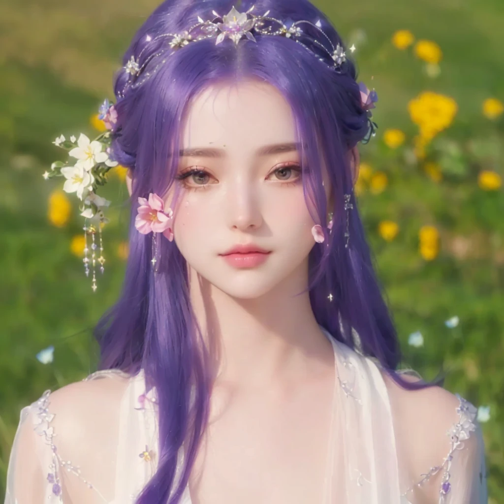 a close up of a person with purple hair and flowers in her hair, long glowing ethereal hair, ((a beautiful fantasy empress)), a beautiful fantasy empress, detailed white long hair, ethereal hair, ultra realistic fantasy tiara, 4k resolution, beautiful girl, realistic