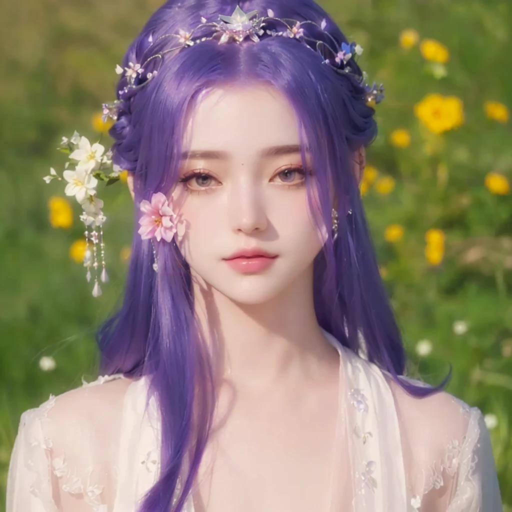 a close up of a person with purple hair and flowers in her hair, long glowing ethereal hair, ((a beautiful fantasy empress)), a beautiful fantasy empress, detailed white long hair, ethereal hair, ultra realistic fantasy tiara, 4k resolution, beautiful girl, realistic