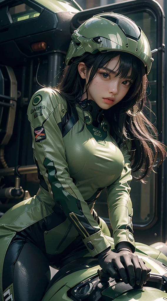 Highest image quality, outstanding details, ultra-high resolution, (realism: 1.4), the best illustration, favor details, highly condensed 1girl, with a delicate and beautiful face, dressed in a black and green mecha, wearing a mecha helmet, holding a directional controller, riding on a motorcycle, the background is a high-tech lighting scene of the future city.