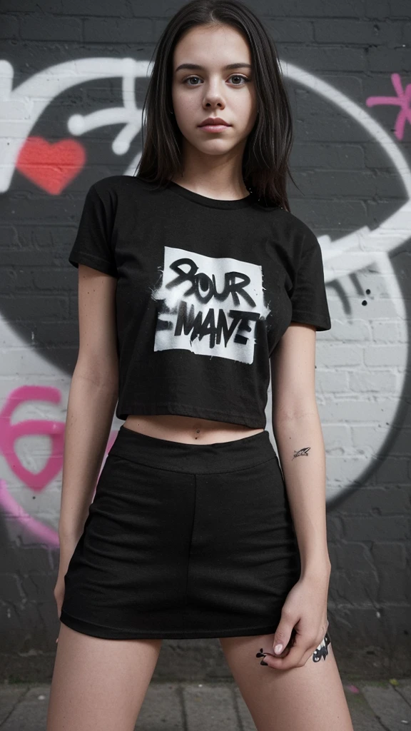 Generate an image of a young person wearing a blank black tee shirt in a street style setting, with a graffiti wall in the background. The model should have a relaxed, confident pose.in black and white
