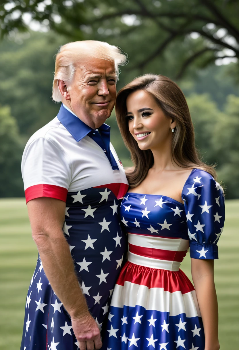 A teenage love  of Donald Trump and Joe Biden. Looks like the spitting image of both her dads. wearing an american flag dress.