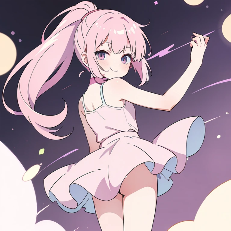 (((masterpiece)))(((Highest quality)))(((8K)))(((4K)))One 、10 years olHair)、Straight Ponytail、voluminous ponytail(Pink Hair)(((Pink high ponytail)))、Ribbon on head、Crossed bangs、Light purple eyes、(((Squint your eyes)))、((Smile with your mouth closed))、(((Cute Mini Dresses)))、Small breasts, from behind、turn around、From the waist up、Anime Style