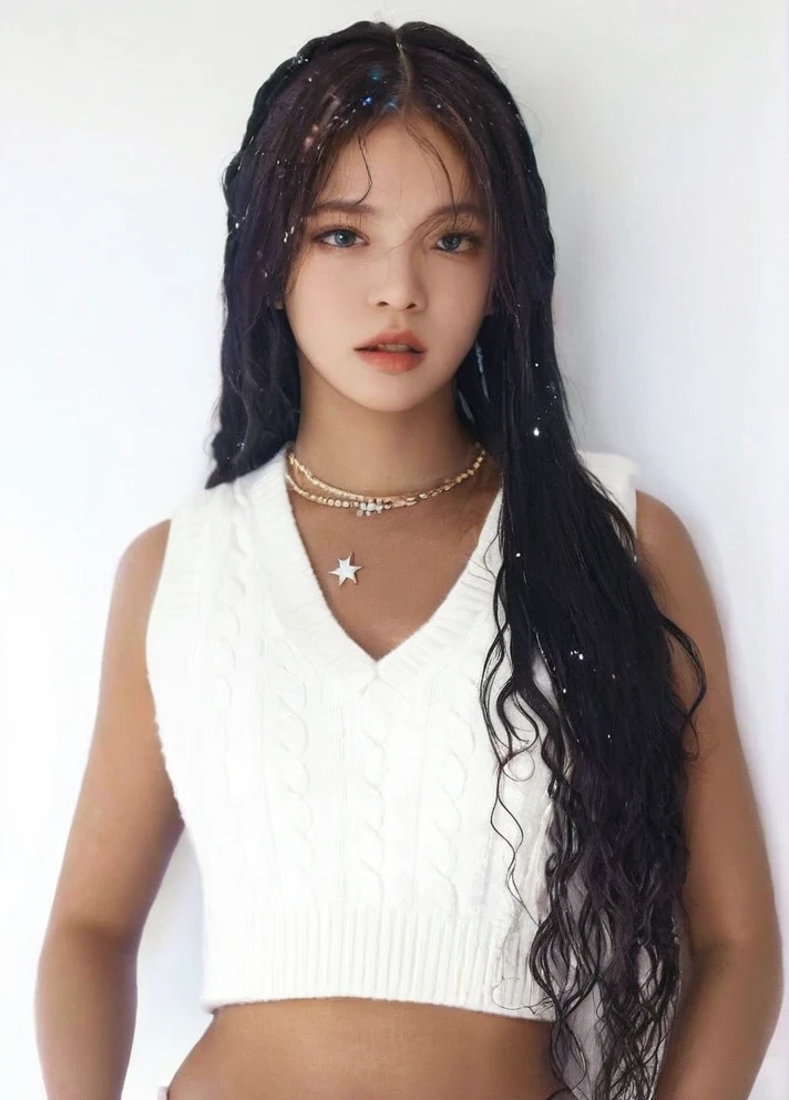 An image of a young and handsome boy with light blue hair gazing up at the starry night sky during winter, with shooting stars streaking across the heavens , blackpink jennie , blackpink Lisa , asian famale face , cute girl , Korean famale
