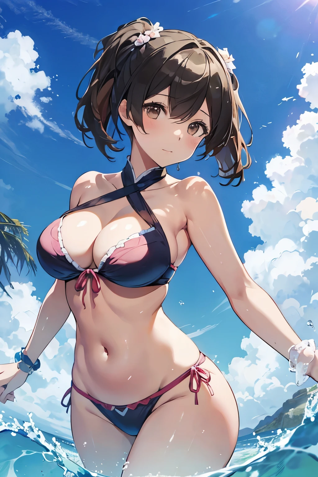 Ultra-High Resolution Masterpiece of Top Quality
Mei, the Enchanting Anime-Style Overwatch Character, Flirts Seductively on the Beach
From a captivating side angle, Mei's voluptuous figure is accentuated by the sun-kissed curves of her playful, seductive bikini. Her twin-tails, like a cascading waterfall, flow seamlessly over her delicate hair ornament – an exquisite detail that perfectly harmonizes with her pink, frilled swimwear.
With a captivating expression that sets hearts ablaze, Mei's alluring gaze projects an air of sensuality reminiscent