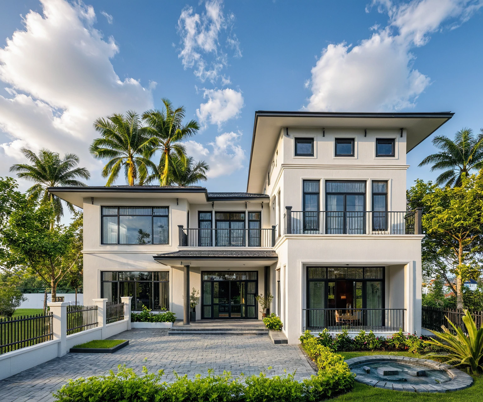 Masterpiece, high quality, best quality, authentic, super detail, outdoors, twostoreyvillaXL, aiaigroup, house style modern on the street, (white wall), road, pavement, grass, trees, sky, cloud, (daylight:1.1), 
