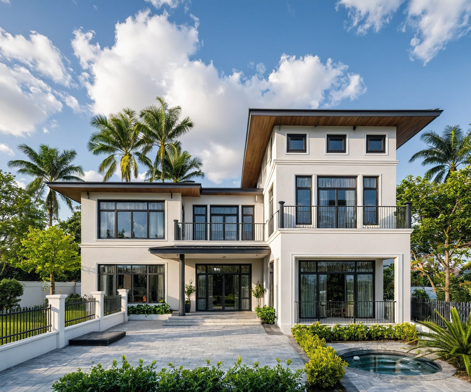 Masterpiece, high quality, best quality, authentic, super detail, outdoors, twostoreyvillaXL, aiaigroup, house style modern on the street, (white wall), road, pavement, grass, trees, sky, cloud, (daylight:1.1), 
