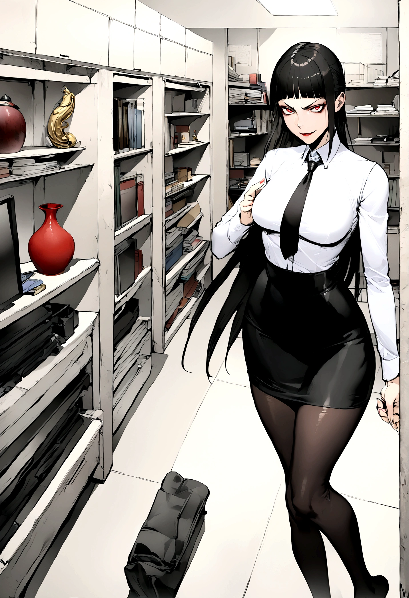 juri han, work of art, tight white secretary shirt with black tie, black high waist skirt, short skirt,stocking, black hair, black tights,evil smile,office,franja nos olhos,iluminação,chifre de cabelos,visão de cima,olhando para cima
