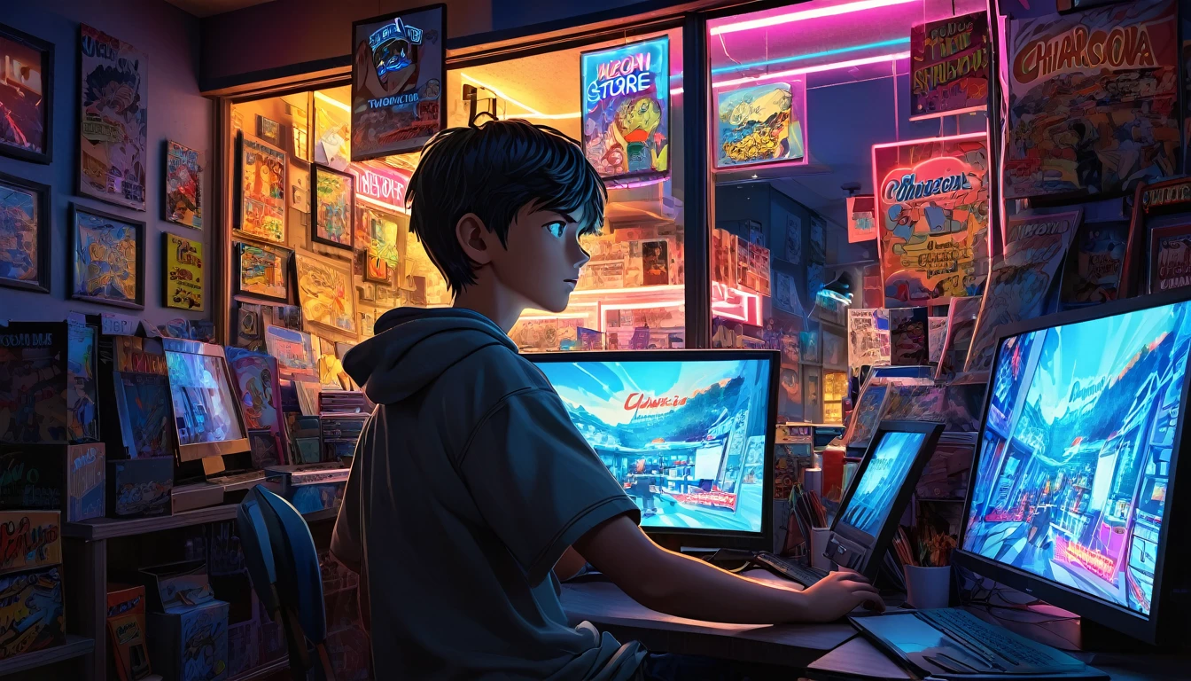 a boy working hard at store until late night, detailed boy with expressive face, focused expression, worn casual clothes, dark room interior, neon store signs, glowing computer screens, landscape through window, comic american art style, 8k, high quality, photorealistic, hdr, chiaroscuro lighting, dramatic shadows