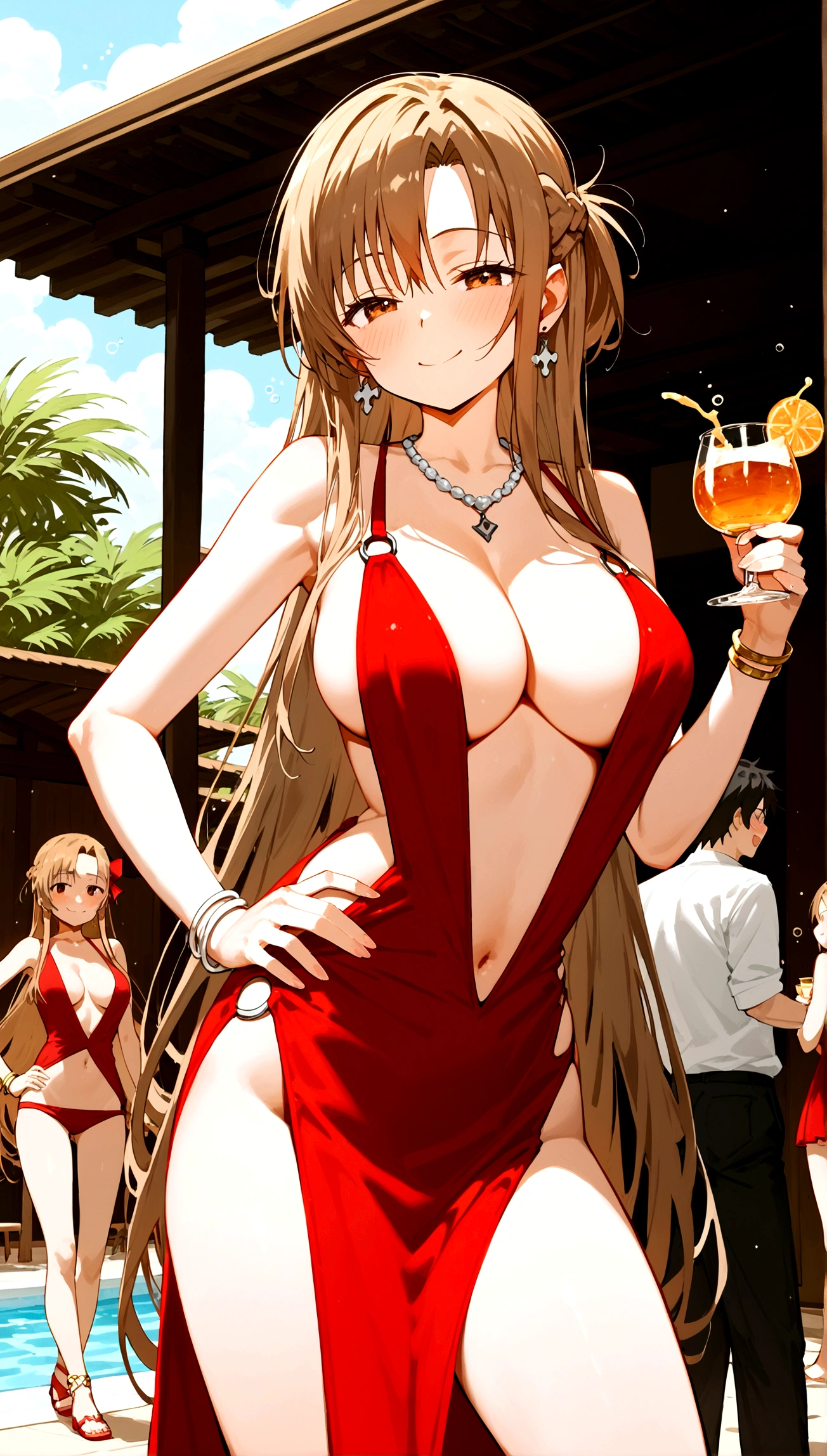 score_9,score_8_up,score_7_up,18 year old,1girl,asuna \(sao-alo\), sword art online,yuuki asuna,nsfw,brown eyes, brown hair, long hair, bangs, braid,standing,leg lift,hand on hip, holding cup,drunk-seductive-smile,blush,large breasts,brown hair,parted hair,long hair,red dress ,plunging neckline,center opening,cleavage,navel,earrings,bracelet,pool-party ,multiple-people,Surrounded by 10 strong men,