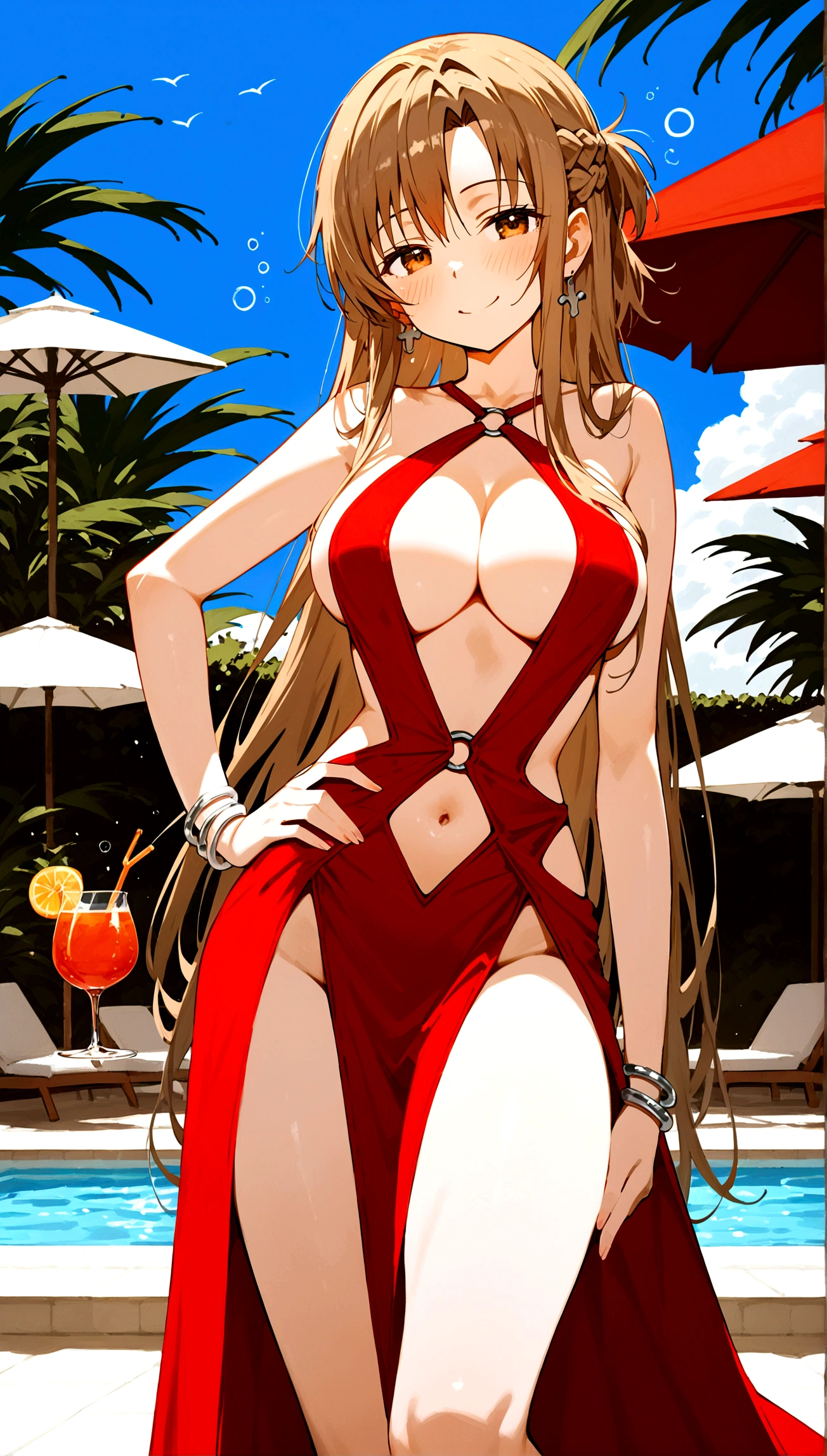 score_9,score_8_up,score_7_up,18 year old,1girl,asuna \(sao-alo\), sword art online,yuuki asuna,,brown eyes, brown hair, long hair, bangs, braid,standing,leg lift,hand on hip, holding cup,drunk--smile,blush,large ,brown hair,parted hair,long hair,red dress ,plunging neckline,center opening,,navel,earrings,bracelet,pool-party ,multiple-people,Surrounded by 10 strong men,