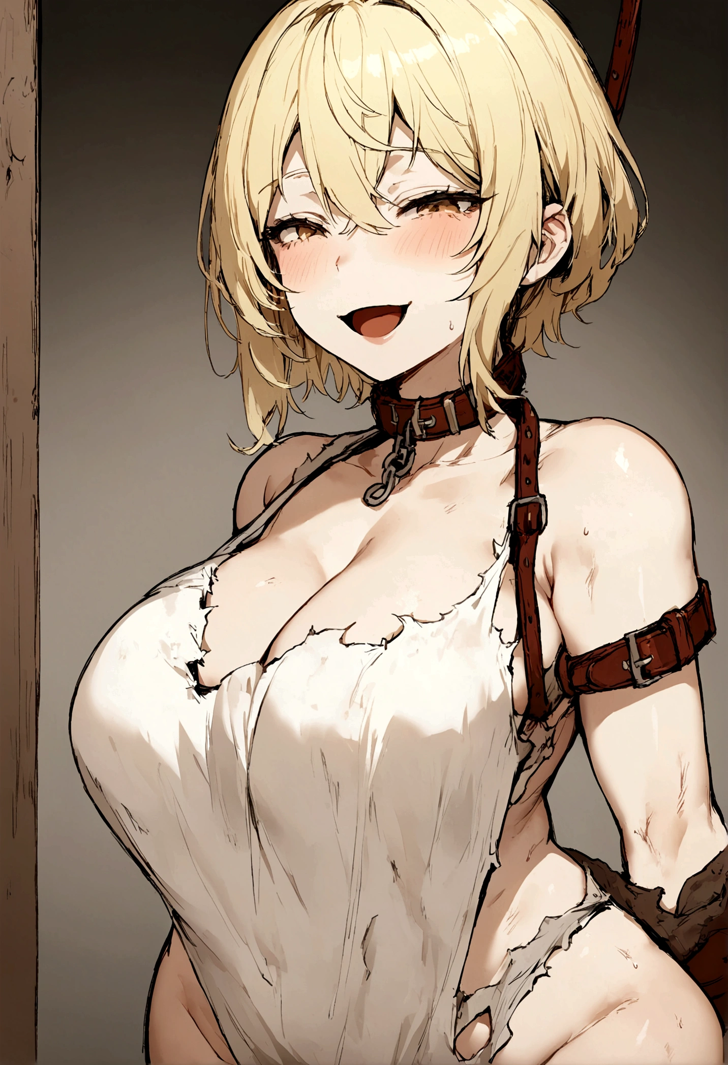 woman,slave, collar, happy smile,expecting eyes, no thougts, volumpious body, ragged clothes, short blonde hair, mouth open