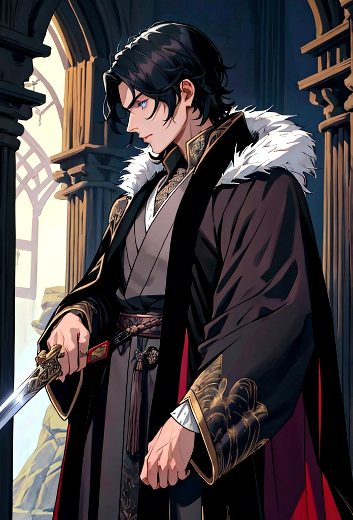 Close-up of a person wearing a cloak and cape., Wear fantasy formal clothes, beautiful androgynous prince, ((Wear a nobleman's robe)), Delicate Androgynous Prince, Elegant black clothes, Dark black clothes with black embroidery, Outfit with silver accents, Elegant dark royal robes, The luxurious clothes of the Imperial Family, Luxury coat, Royal Cape, fur coat, black hair, blue eyes, nonsense,High resolution,Very detailed),1 person,AS-Adult,handsome,The boy was tall and muscular.,Broad shoulders,Face profile of a 25 year old man, Fine, detailed eyes and a detailed face.,Short black hair,Onyx eyes,Fantasy,shadow effect, flame,sacred intelligence,grand background,magic, warrior, holding a sword, sword
