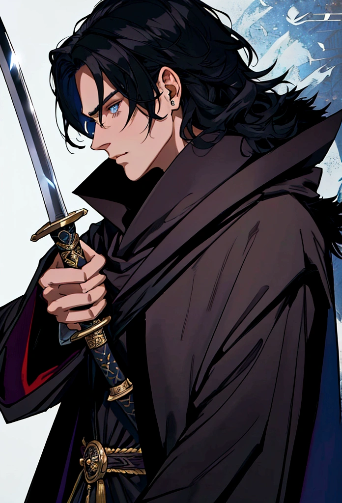 Close-up of a person wearing a cloak and cape., Wear fantasy formal clothes, beautiful androgynous prince, ((Wear a nobleman's robe)), Delicate Androgynous Prince, Elegant black clothes, Dark black clothes with black embroidery, Outfit with silver accents, Elegant dark royal robes, The luxurious clothes of the Imperial Family, Luxury coat, Royal Cape, fur coat, black hair, blue eyes, nonsense,High resolution,Very detailed),1 person,AS-Adult,handsome,The boy was tall and muscular.,Broad shoulders,Face profile of a 25 year old man, Fine, detailed eyes and a detailed face.,Short black hair,Onyx eyes,Fantasy,shadow effect, flame,sacred intelligence,grand background,magic, warrior, holding a sword, sword