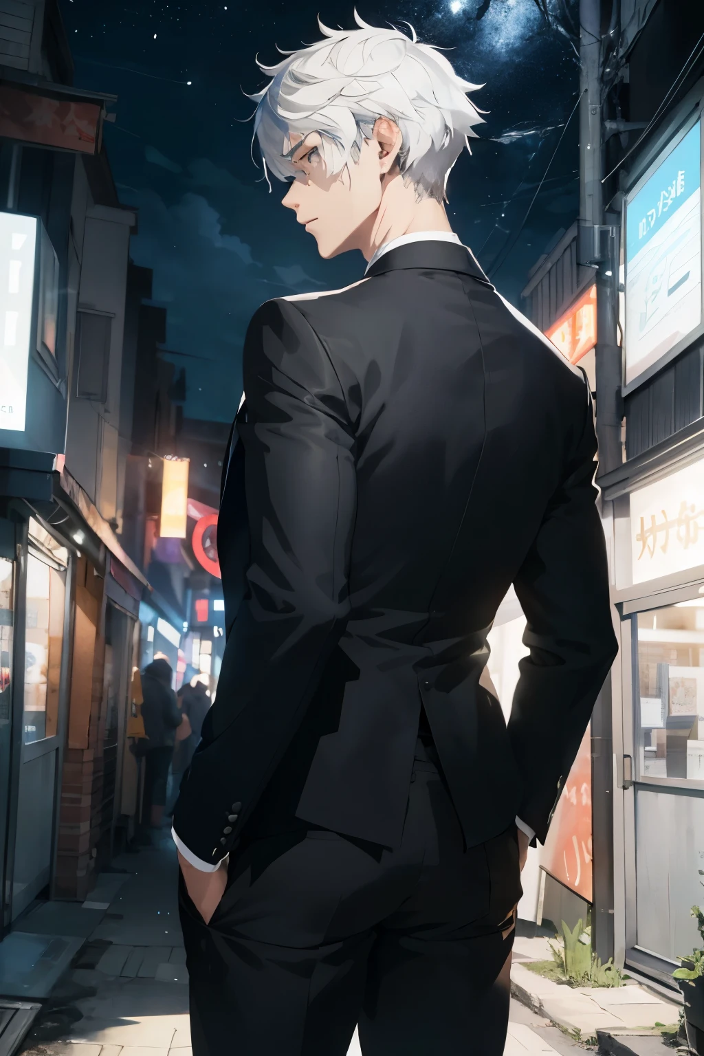 age man ,Smoky white hair, wearing a black suit . Turn around and look back. Half body image, colored lights, look back. วิวจากดาดฟ้า