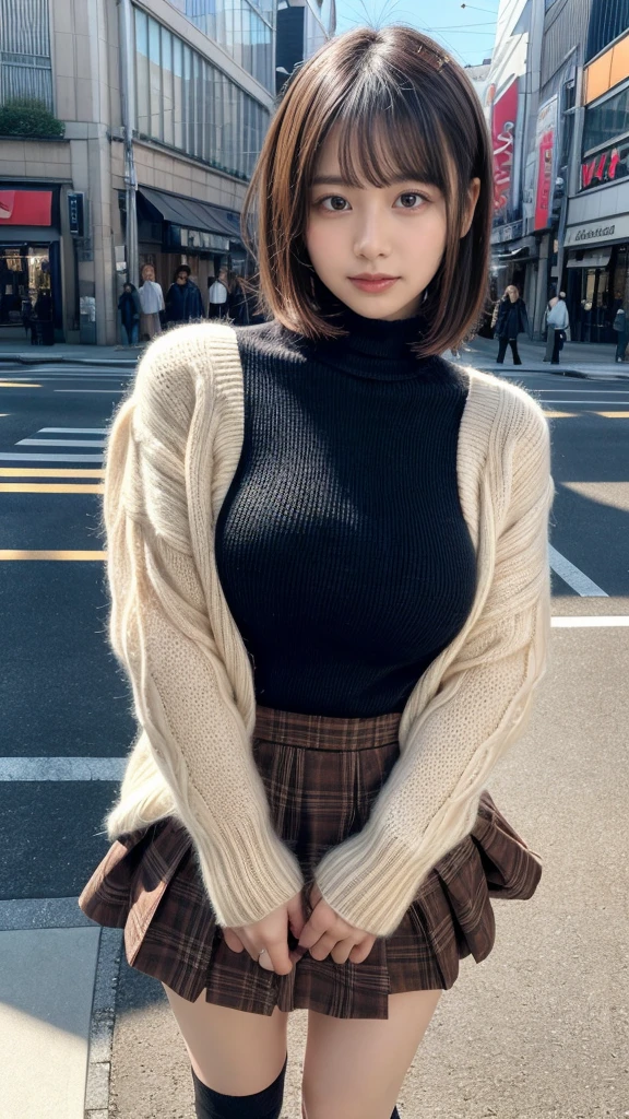 masterpiece, best quality, illustration, Super detailed, fine details, High resolution, 8K,wall paper, perfect dynamic composition,(Details High quality, realistic depiction of eyes:1.3), short hair, Gorgeous and stylish black fluffy latest trend Tokyo winter clothes, wool sweater, A-line skirt, short bob hair, black hair color, Big Natural Color Lip, sexy pose, crying a little、Harajuku style、20 year old girl、cute type、lolita, hposing Gravure Idol, full body photo、focus on crotch, huge breasts