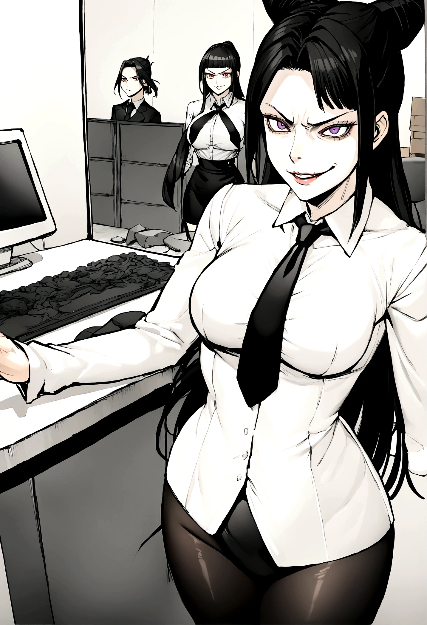 juri han, work of art, tight white secretary shirt with black tie, black high waist skirt, short skirt,stocking, black hair, black tights,evil smile,office,franja nos olhos,iluminação,chifre de cabelos,visão de cima,olhando para cima
