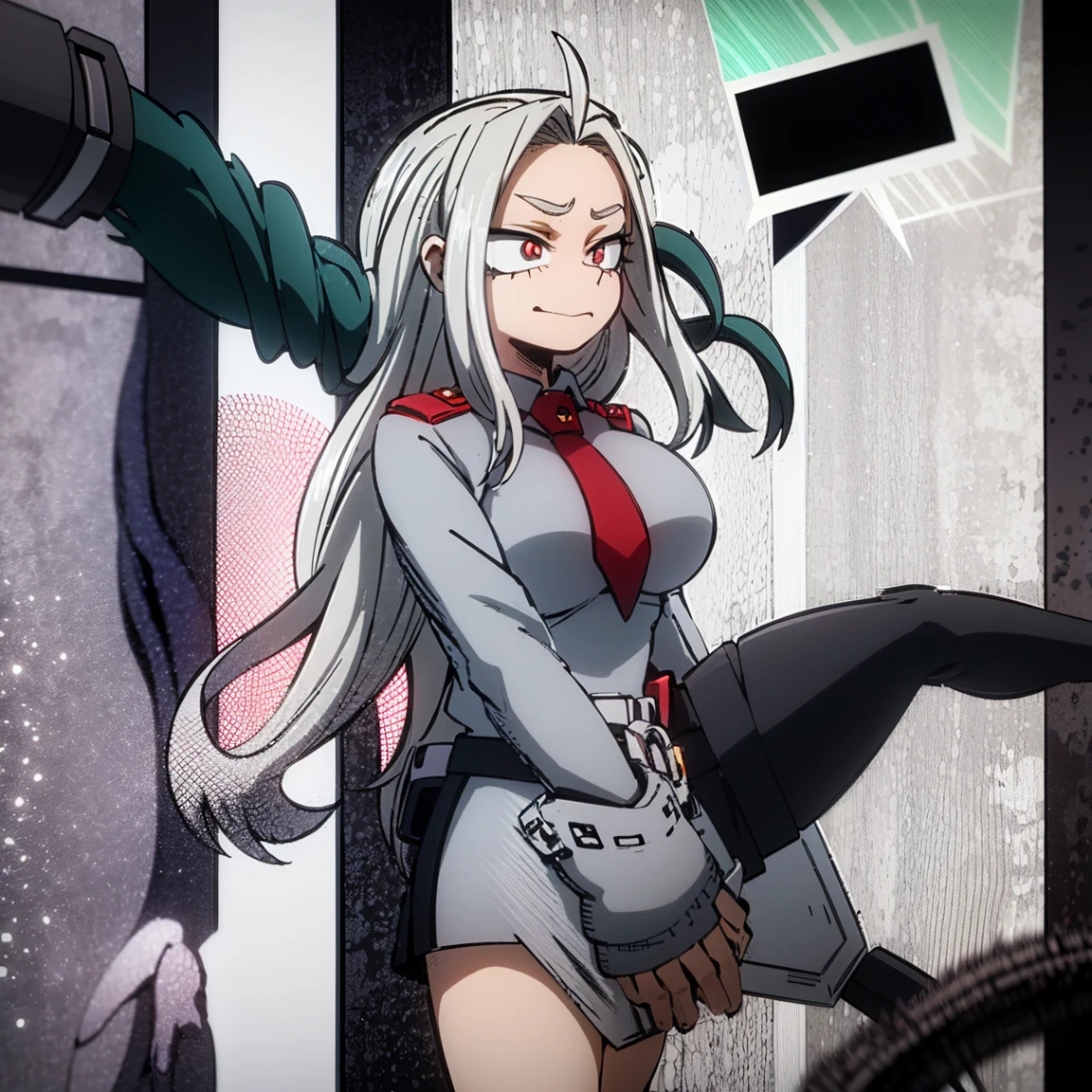 1girl, female focus, boku no hero academia, masterpiece, best quality, very aesthetic, cowboy shot, big breasts, gray jacket, red tie, white shirt, teal skirt, gray tights, boots, long curly hair, vivid orange hair, dark pink eyes, smirk