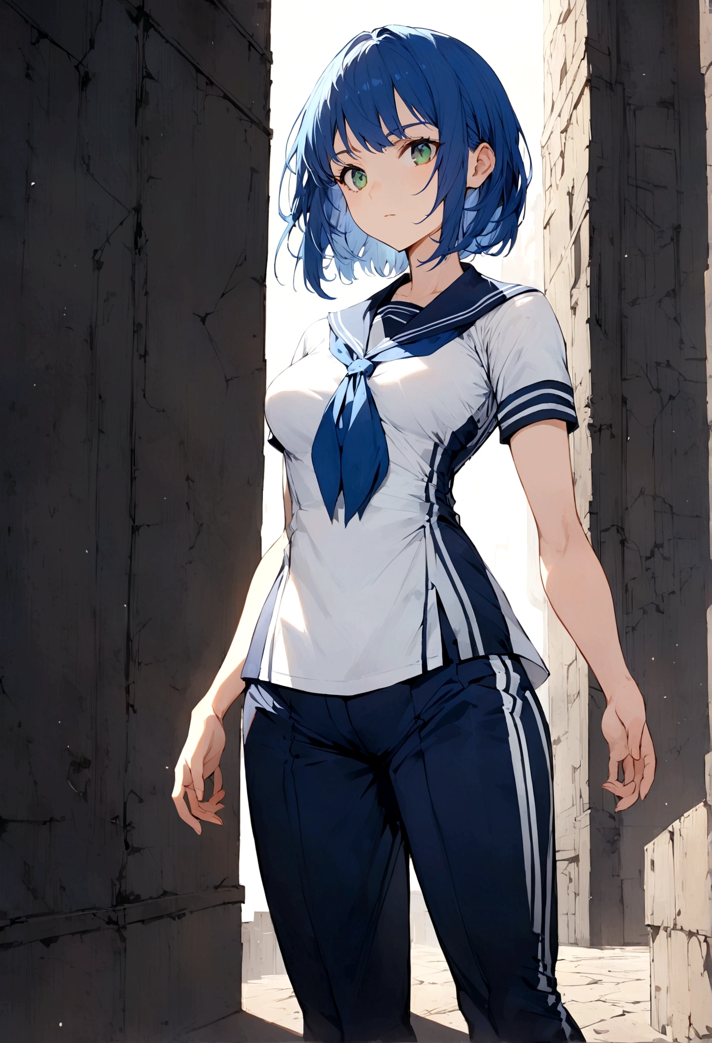 young woman, short blue hair, medium breast, low rank, athletic, frekles, confident,white short-sleeved shirt,dark blue trousers, black boots, and a blue neckerchief., bright green eyes, military, standing up