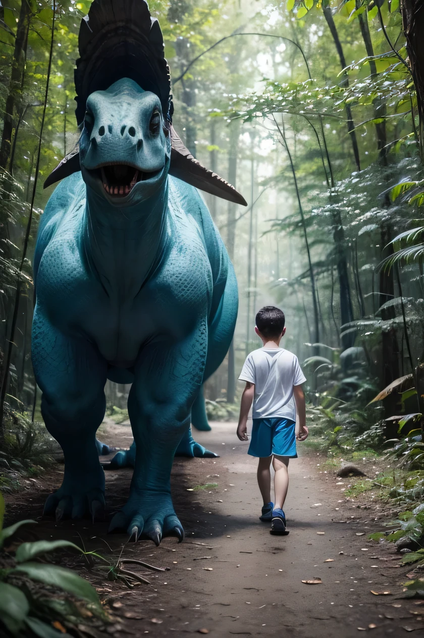 a boy walking in the forest with blue shorts and a white shirt encounters 3 dinosaurs