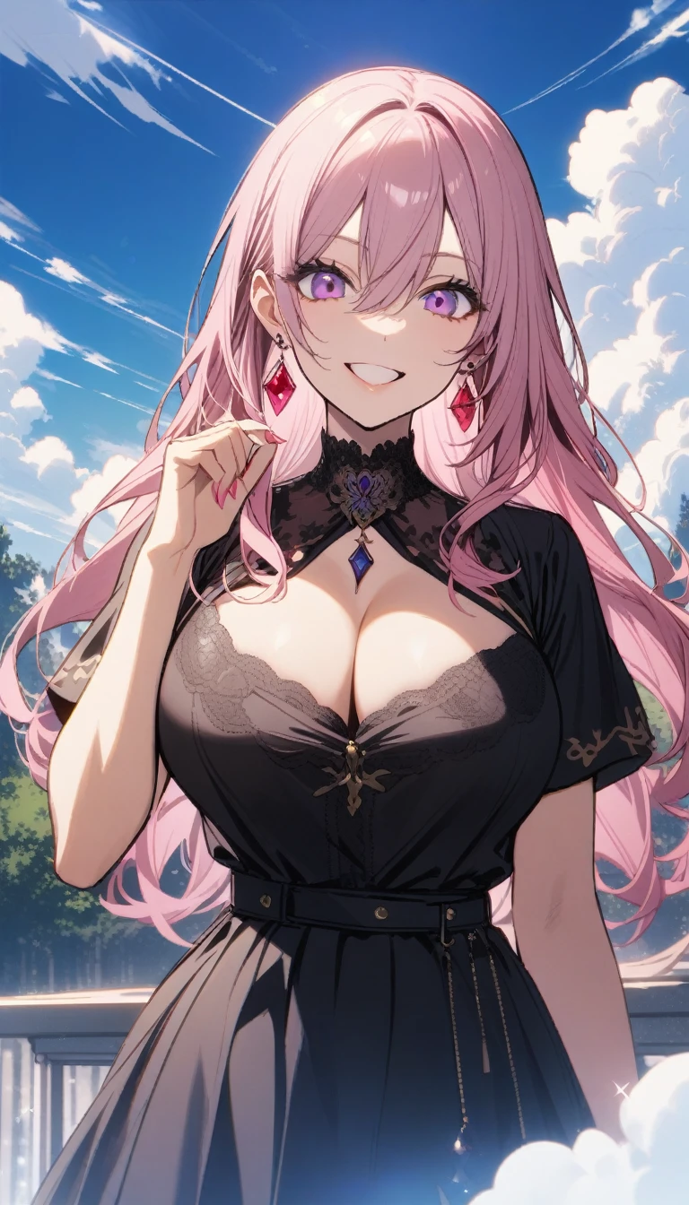 32k, 1 Girl, Solitary, Long hair, Looking at the audience, Smile, Bangs, skirt, Hair between the eyes, Jewelry,  Shut up, Purple Eyes, Upper Body, Pink Hair, Short sleeve, earrings, outdoor, sky空, sky, cloud, black skirt, blue sky空,Extra large breasts，Cleavage，Big breasts，