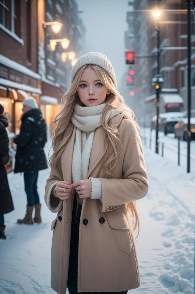 professional photography of a beautiful norwegian girl in winter clothes with long wavy blonde hair, sensual and seductive look, beautiful symmetrical face, beautiful natural makeup, wearing chic warm winter fashion clothing, ((standing outside on the snowy city street)), impressive modern urban environment, ultra realistic, conceptual artwork, chic, highy detailed, intricate, sharp focus, Depth of field, f/1. 8, 85 mm, medium shot, mid shot, (((professional color grading))), soft and bright diffused light, (Volumetric fog), Trends on Instagram, HD 4k, 8K