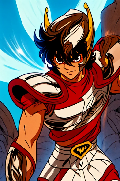 estilo shingoaraki-smf, knights of the zodiac, saint seiya, 1 ***** boy, messy brown hair, expression of determination on her face,  pegasus seiya , bandages, bloodstains, Ranni, pegasus armor, broken armor, rock ruins background, battle stance, kosmos, energy stars, blue aura