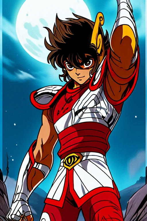 estilo shingoaraki-smf, knights of the zodiac, saint seiya, ****ung boy, messy brown hair, expression of determination on her face,  pegasus seiya , bandages, bloodstains, Ranni, pegasus armor, broken armor, rock ruins background, battle stance, kosmos, energy stars, blue aura