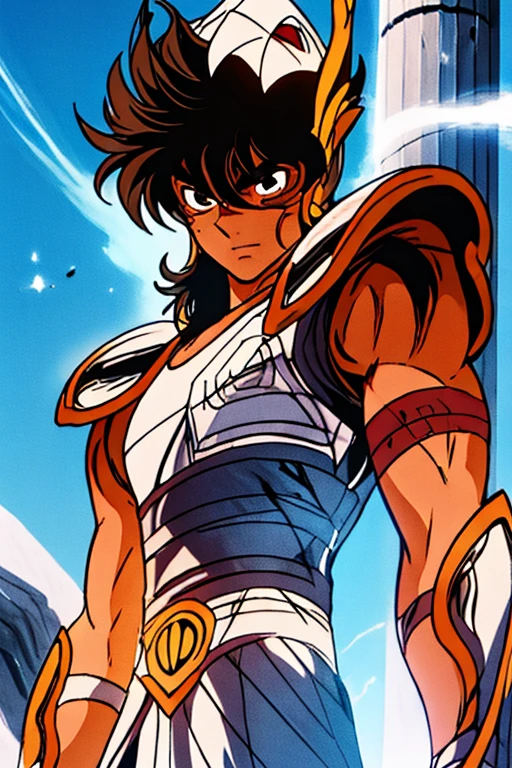 estilo shingoaraki-smf, knights of the zodiac, saint seiya, 1 ***** boy, messy brown hair, expression of determination on her face,  pegasus seiya , bandages, bloodstains, Ranni, pegasus armor, broken armor, rock ruins background, battle stance, kosmos, energy stars, blue aura