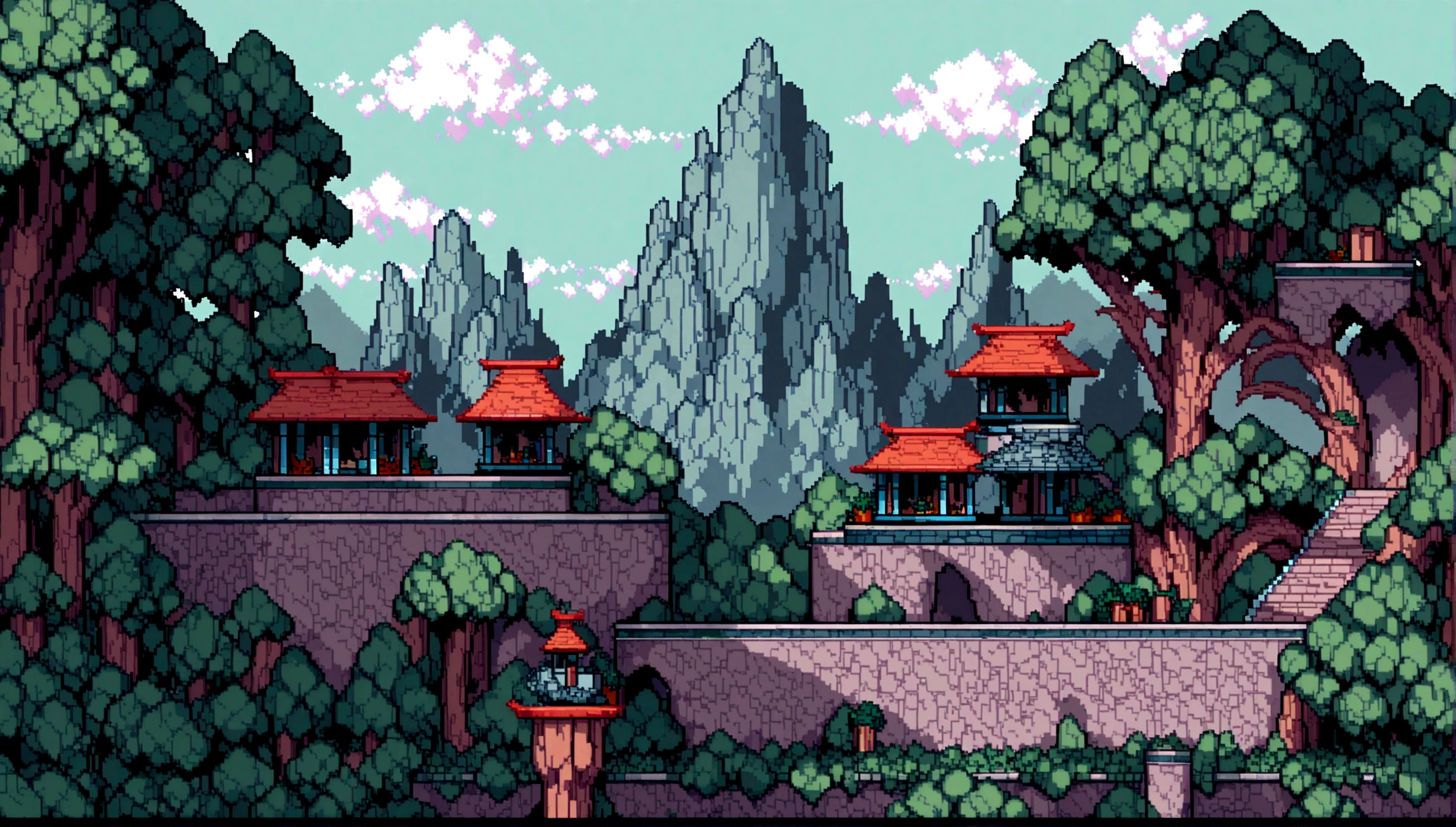 pixel art destination landscape. natta. 3D pixel art wallpaper 4K. Amazing pixel art detail. pixel art. vapor waves. Detailed pixel art of Unreal Engine forest adventure, insula, mysteries, danger, games