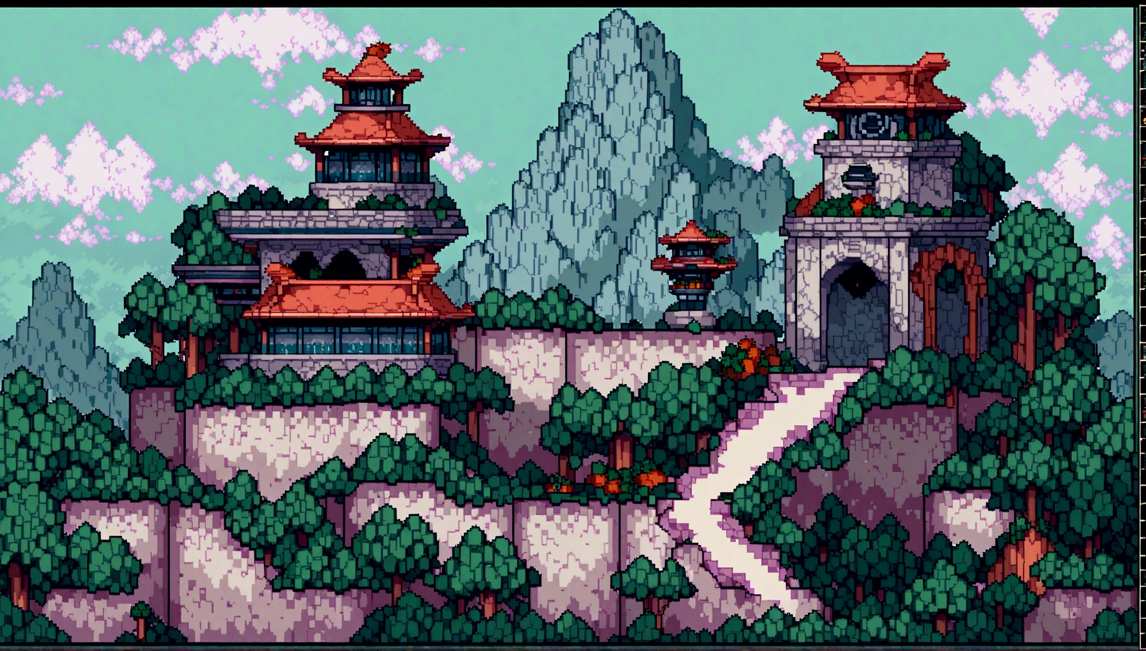 pixel art destination landscape. natta. 3D pixel art wallpaper 4K. Amazing pixel art detail. pixel art. vapor waves. Detailed pixel art of Unreal Engine forest adventure, insula, mysteries, danger, games