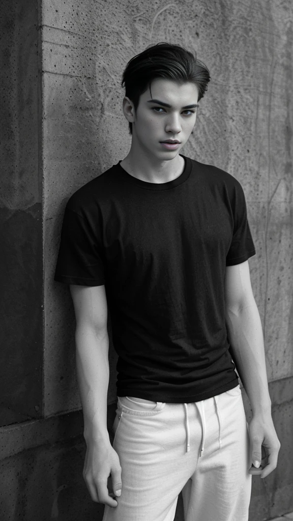 Generate an image in dramatic cinematic black and white, of a young men wearing a blank black tee shirt in a street style setting, with a wall in the background. The model should have a relaxed, confident pose.