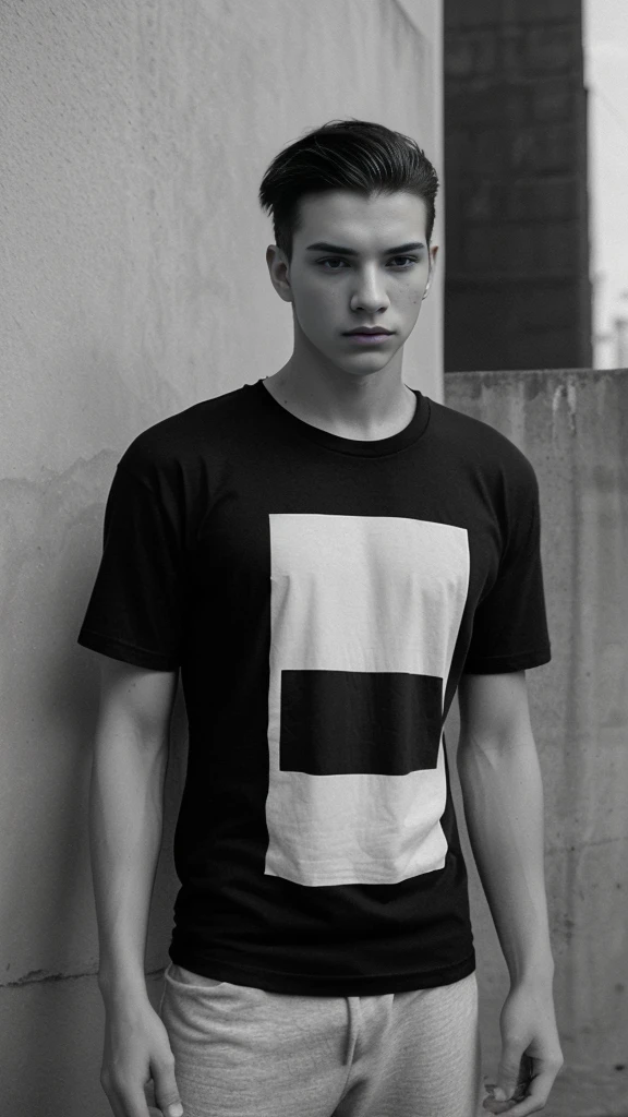 Generate an image in dramatic cinematic black and white, of a young men wearing a blank black tee shirt in a street style setting, with a wall in the background. The model should have a relaxed, confident pose.