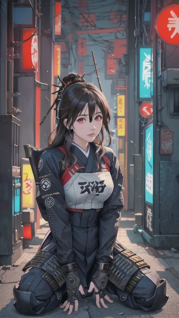 Hyperrealistic version of a woman kneeling down with a sword in her hand, very beautiful cyberpunk samurai, anime cyberpunk art, cyberpunk samurai, cyberpunk anime art, anime cyberpunk, cgsociety 9, digital cyberpunk anime art, style of maciej kuciara.1girl, samurai armor, helmet oni evil mask,intricate, ornaments detailed, cold colors, metal, egypician detail, highly intricate details, realistic light, trending on cgsociety, glowing eyes, facing camera, neon details, ultra realistic details, portrait full body, japanese atmosphere, global illumination, shadows, octane render, 8k, ultra sharp.cool ta.