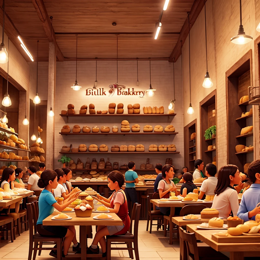 Make an image of a bakery full of people at separate tables eating cake and happy in Brazil