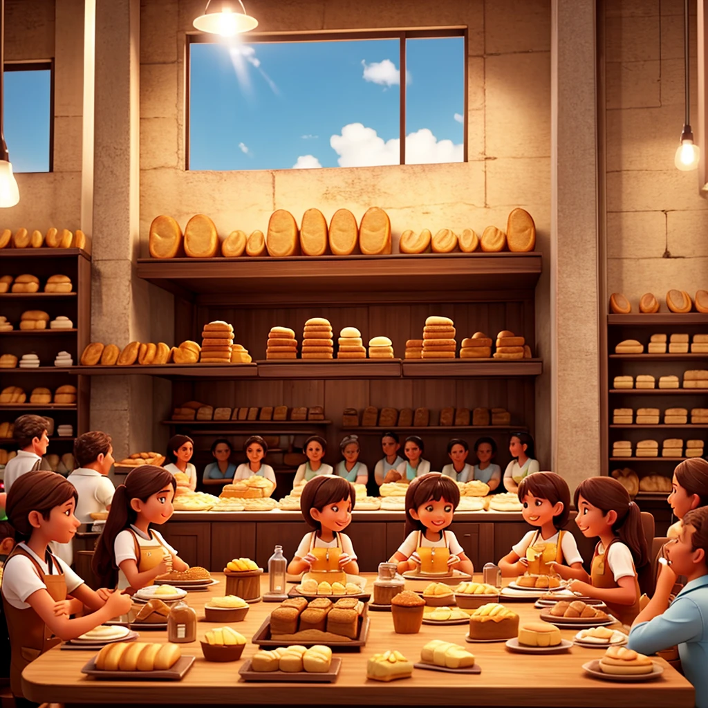Make an image of a bakery full of people at separate tables eating cake and happy in Brazil