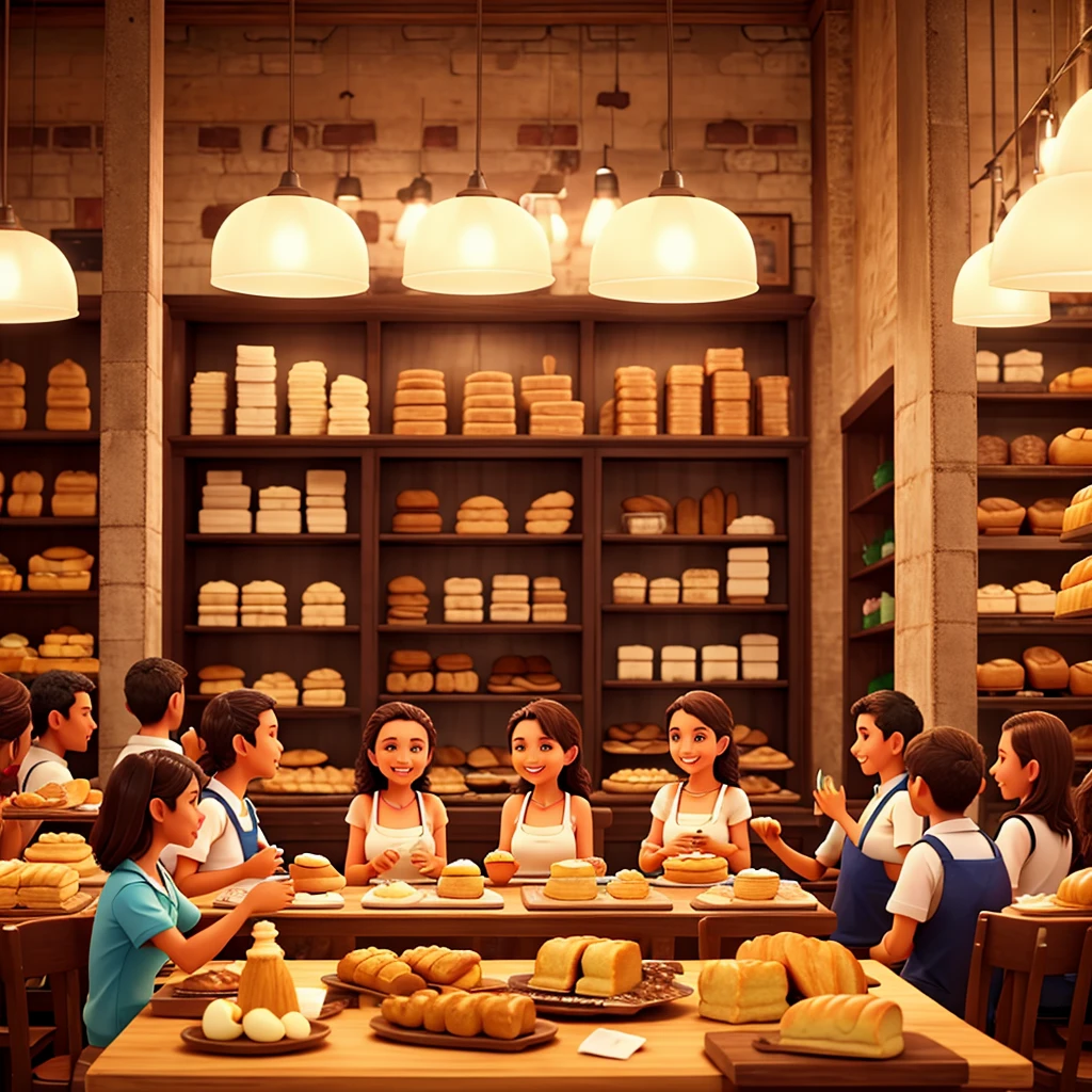 Make an image of a bakery full of people at separate tables eating cake and happy in Brazil
