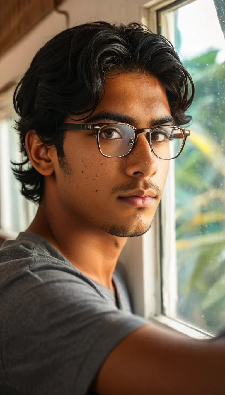(Photography, Realism: 1.4),
23 years old, male, black hair, smart looking, Maldivian, looking out of classroom window, cinematic lighting, highly detailed eyes, highly detailed face, brown eyes, freckles, glasses, studying in his home