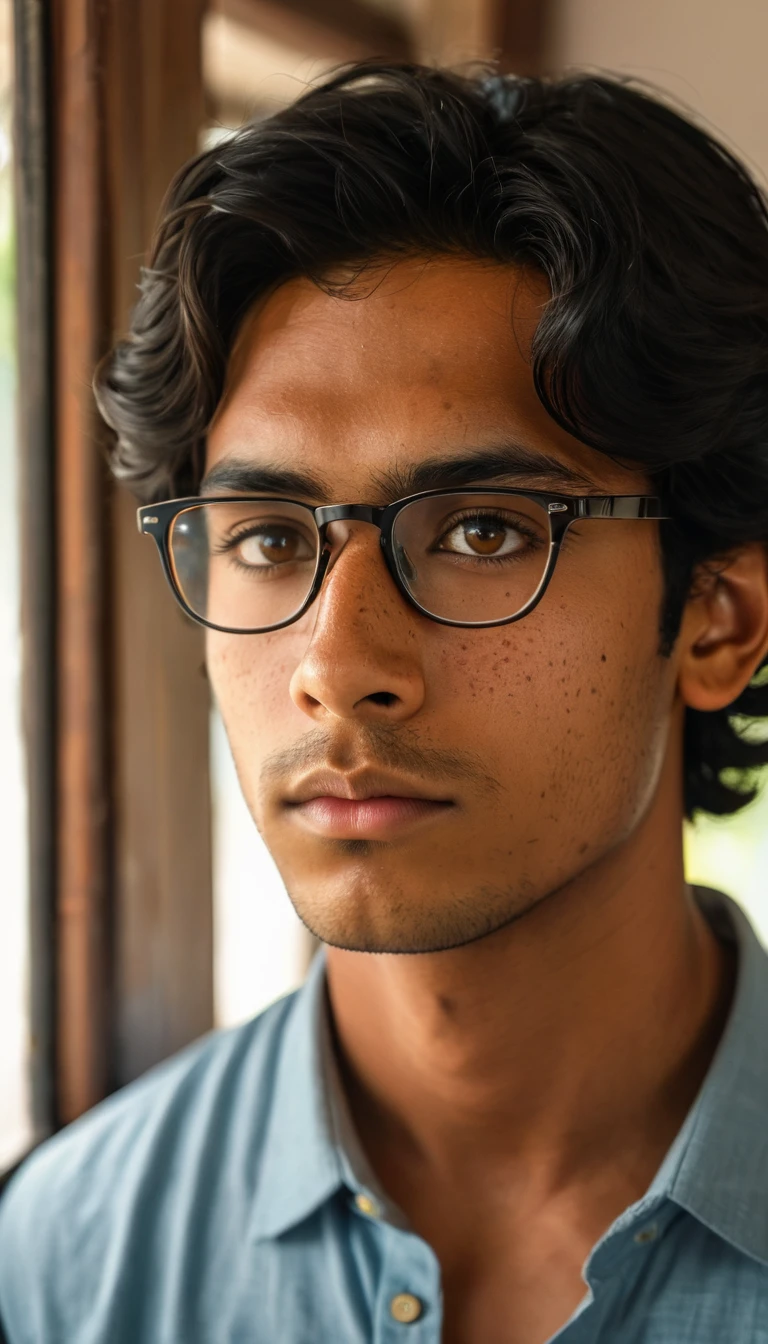 (Photography, Realism: 1.4),
23 years old, male, black hair, smart looking, Maldivian, looking out of classroom window, cinematic lighting, highly detailed eyes, highly detailed face, brown eyes, freckles, glasses, studying in his home