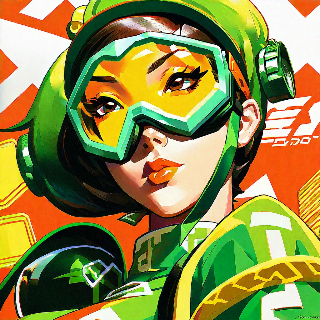 a close up of a woman in a green dress and goggles, jet set radio artwork, style of jet set radio, by Yoshihiko Wada, jet set radio, by Akihiko Yoshida, artstyle : ilya kuvshinov, by shirow masamune, cushart kenz, jet set radio future, ilya kuvshinov style