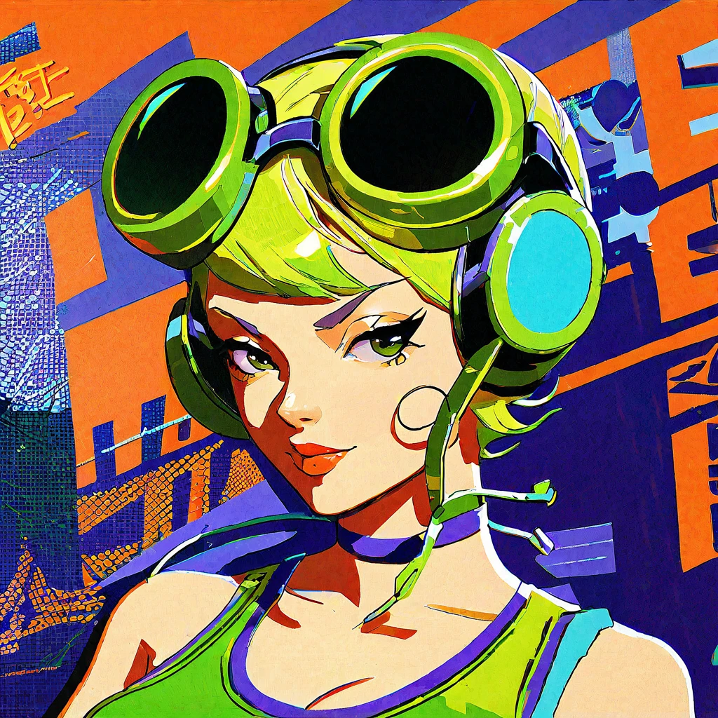 a close up of a woman in a green dress and goggles, jet set radio artwork, style of jet set radio, by Yoshihiko Wada, jet set radio, by Akihiko Yoshida, artstyle : ilya kuvshinov, by shirow masamune, cushart kenz, jet set radio future, ilya kuvshinov style