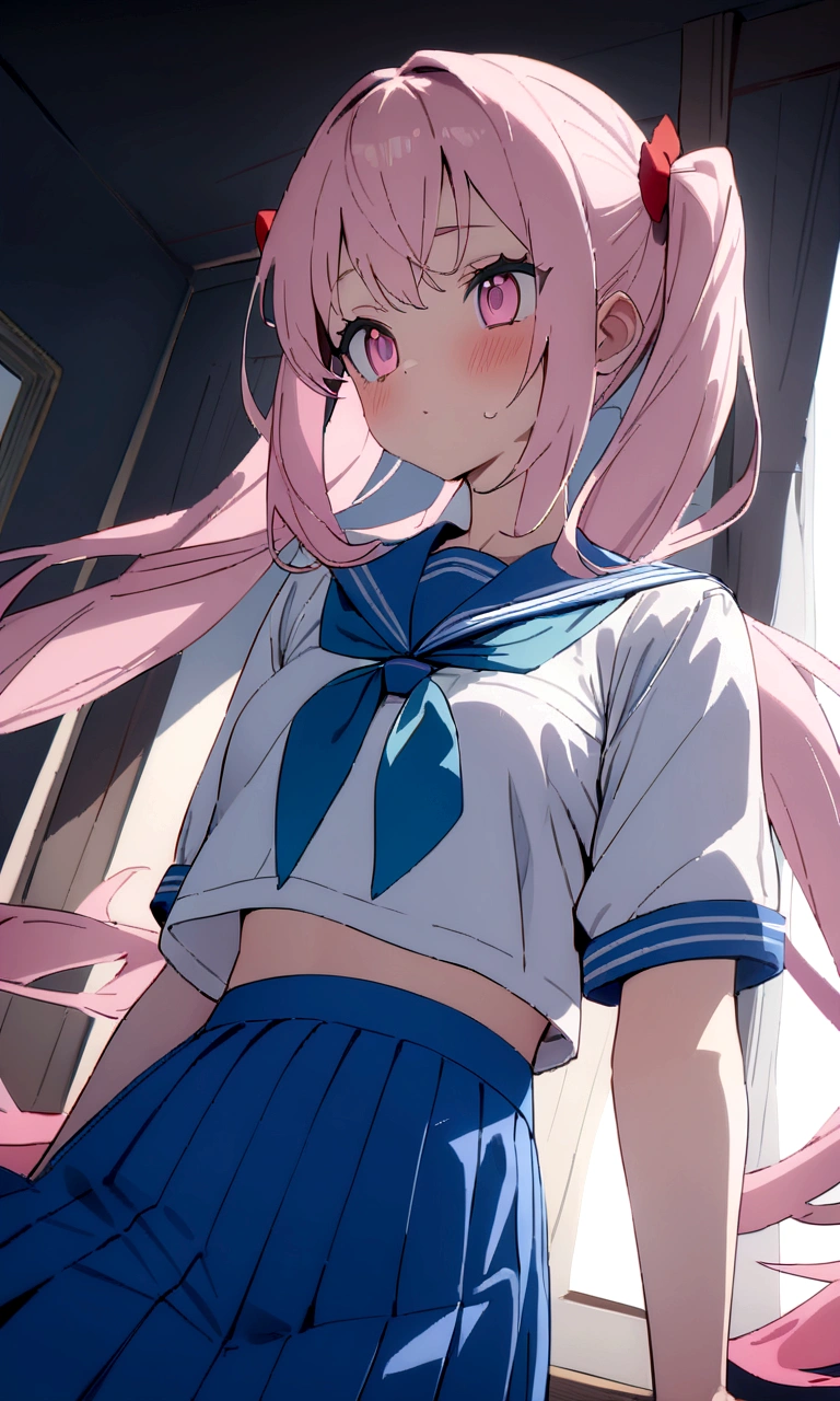 ((orgasm)、blush、Embarrassing、trembling、Cramp、Tears、Open your mouth、Peeing:1.5)、Beautiful illustrations, Highest quality, (:1.4)、(pretty girl:1.5)、 girl、Flat Chest、Sailor collar、(White long tunic:1.4)、Long sleeve sailor suit、Blue-line cuffs、(Pink Chino Shorts:1.7)、(Pink shorts with wide openings:1.6)、Gap between thigh and shorts、Thin thighs、White socks、 Cinema Lighting, (Pink long hair)、Pink Straight Hair、Redness on the cheeks、(Braiding of the back of the head)