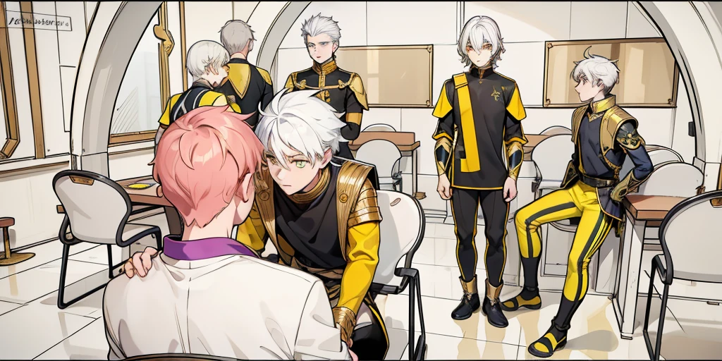There is a boy sitting with his back turned and several young people in front of him talk to him kindly., They have white hair and yellow eyes, black tunics, black golden armor with yellow golden jewelry., they have yellow eyes