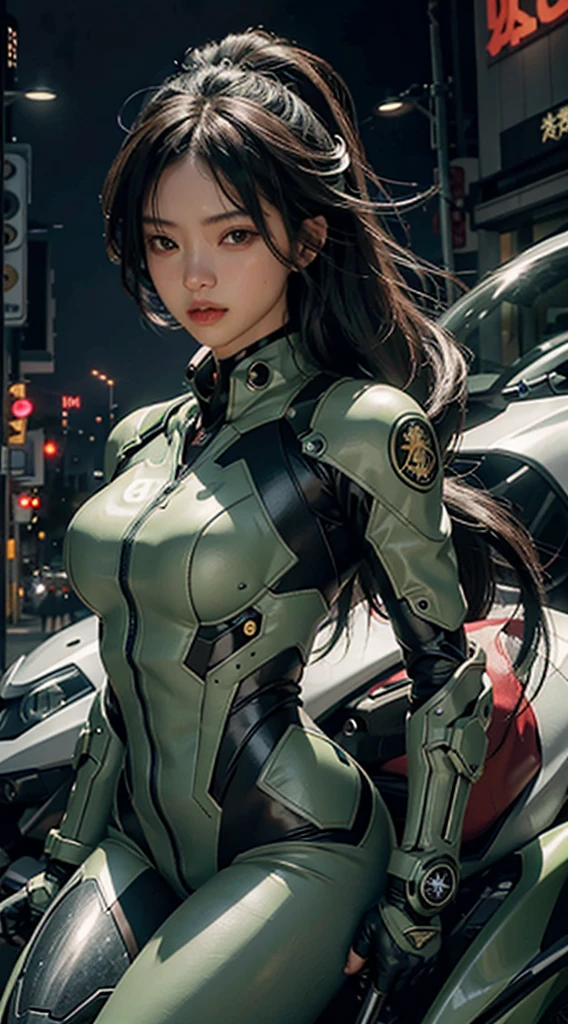 Highest image quality, outstanding details, ultra-high resolution, (realism: 1.4), the best illustration, favor details, highly condensed 1girl, with a delicate and beautiful face, dressed in a black and green mecha, wearing a mecha helmet, holding a directional controller, riding on a motorcycle, the background is a high-tech lighting scene of the future city.Ninja girl Cyborg. Red suit.
