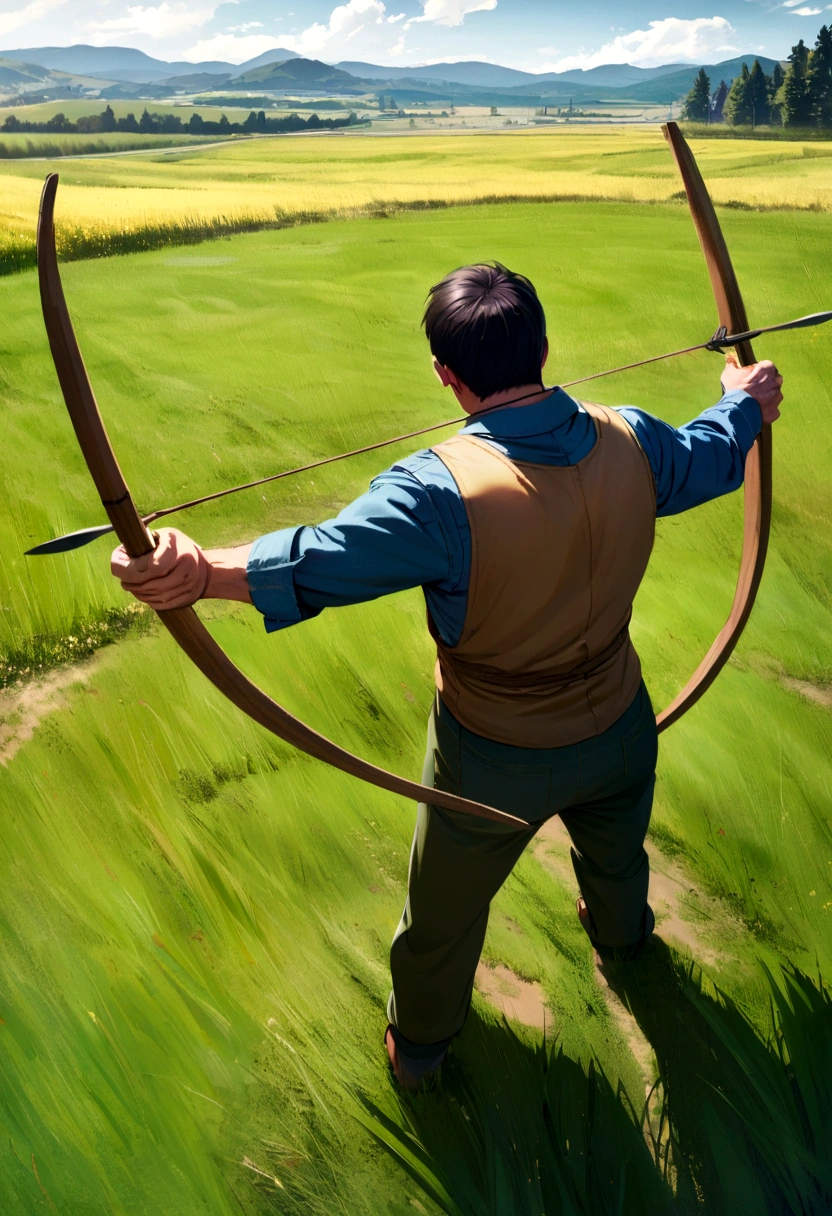 A mature farmer training his son to archery, set in the middle of field. 4K Resolution.