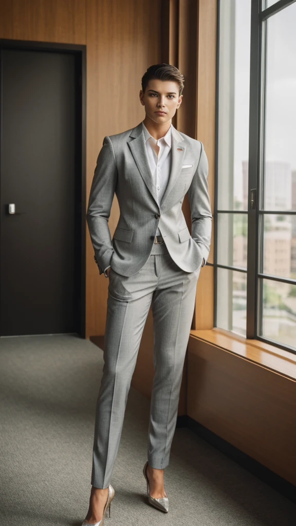 RAW, Best quality, high resolution, (masterpiece: 1.3), handsome girl, short hair, dressing in men's formal suit and shoes, tall and muscular girl, masculine pose, fierce expression, detailed face, detailed clothes, standing straight in an office, great sunlight, Bright colors, Ultra realistic clean lines, very realistic