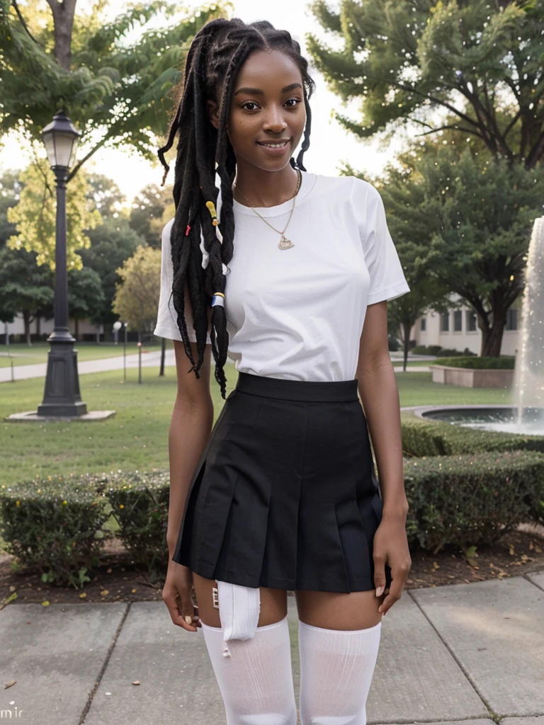 8k, RAW photo, best quality, ultra high resolution, photorealistic, realistic photo of skinny ebony girl, (skinny ebony girl, most beautiful ebony girl in the world, dark skin, slim face, black hair, dreadlocks hair, dreadlocks), in the college campus park, fountain, bright light, (full body picture), standing posing for picture, sexy pose, wearing , wearing (white shirt, black pleated skirt, white knee high socks), (looking at viewer), shy smile, seductive, High Detail, Sharp focus, bright light