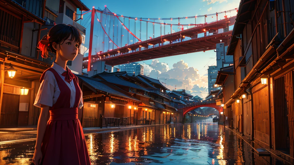 One girl,一人in,One girl,一人in,((Beautiful fine details)), (Detailed light),Depth of FieldHighest Quality,Ultra-high resolution,前hairまっすぐ,green_null,bridge,building,city,city,cityscape,cloud,Day,dress,Looking_in_Audience,Outdoor,red_Neckwear,red_ribbon,ribbon,river,short_hair,short_sleeve,null,nullscraper,一人in,Are standing,town,winer,(masterpiece,anime,newest,new,Exceptional:1.2),