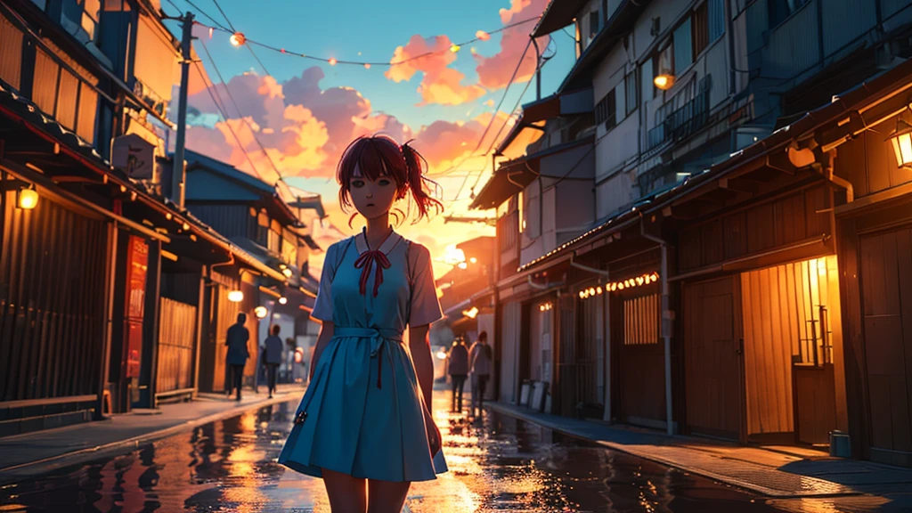 One girl,一人in,One girl,一人in,((Beautiful fine details)), (Detailed light),Depth of FieldHighest Quality,Ultra-high resolution,前hairまっすぐ,green_null,bridge,building,city,city,cityscape,cloud,Day,dress,Looking_in_Audience,Outdoor,red_Neckwear,red_ribbon,ribbon,river,short_hair,short_sleeve,null,nullscraper,一人in,Are standing,town,winer,(masterpiece,anime,newest,new,Exceptional:1.2),