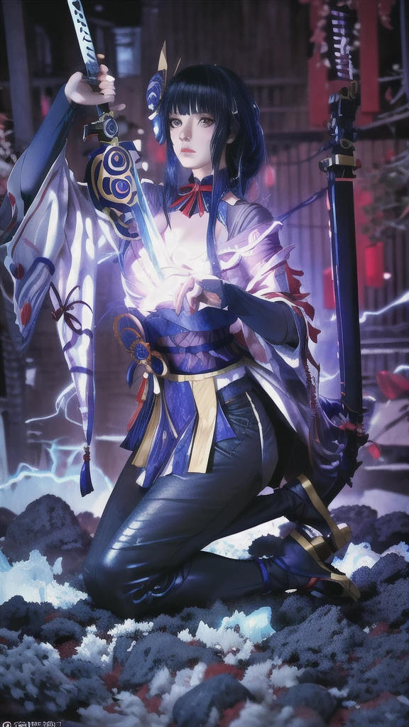 Hyperrealistic version of a woman kneeling down with a sword in her hand, very beautiful cyberpunk samurai, anime cyberpunk art, cyberpunk samurai, cyberpunk anime art, anime cyberpunk, cgsociety 9, digital cyberpunk anime art, style of maciej kuciara.1girl, samurai armor, helmet oni evil mask,intricate, ornaments detailed, cold colors, metal, egypician detail, highly intricate details, realistic light, trending on cgsociety, glowing eyes, facing camera, neon details, ultra realistic details, portrait full body, japanese atmosphere, global illumination, shadows, octane render, 8k, ultra sharp.cool ta. 